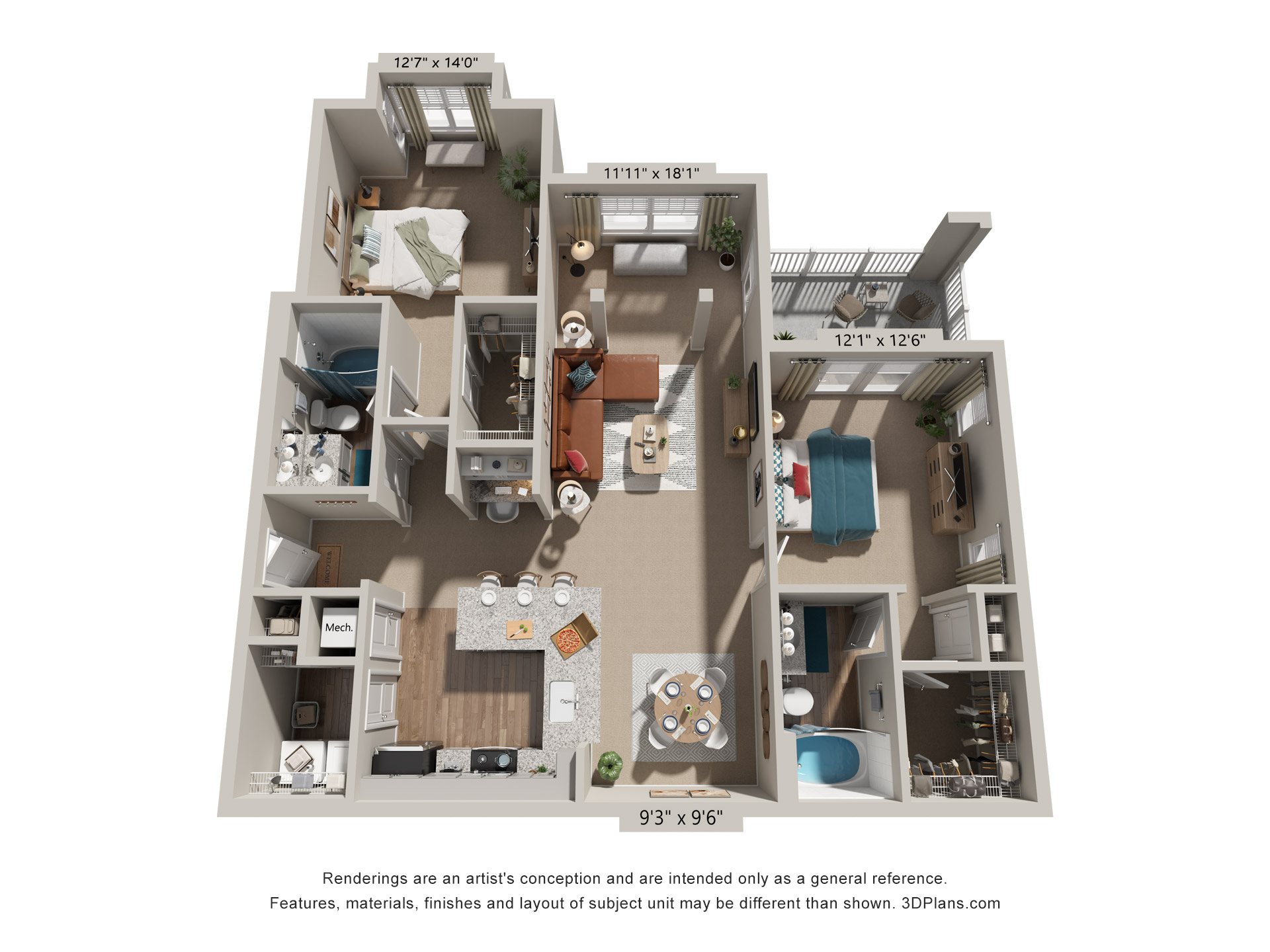 Floor plan for 2 beds, 2 baths, 1363 sqft
